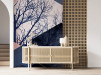 hallway backdrops brightened by a navy and blush hexagon wall mural
