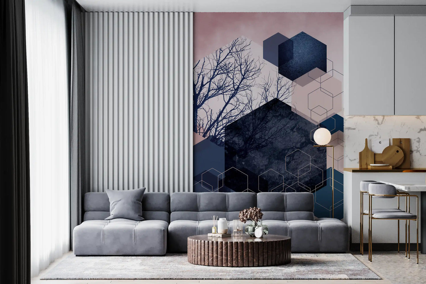 Living room corner finished with a midnight hexagon branch wall mural