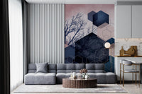 Living room corner finished with a midnight hexagon branch wall mural