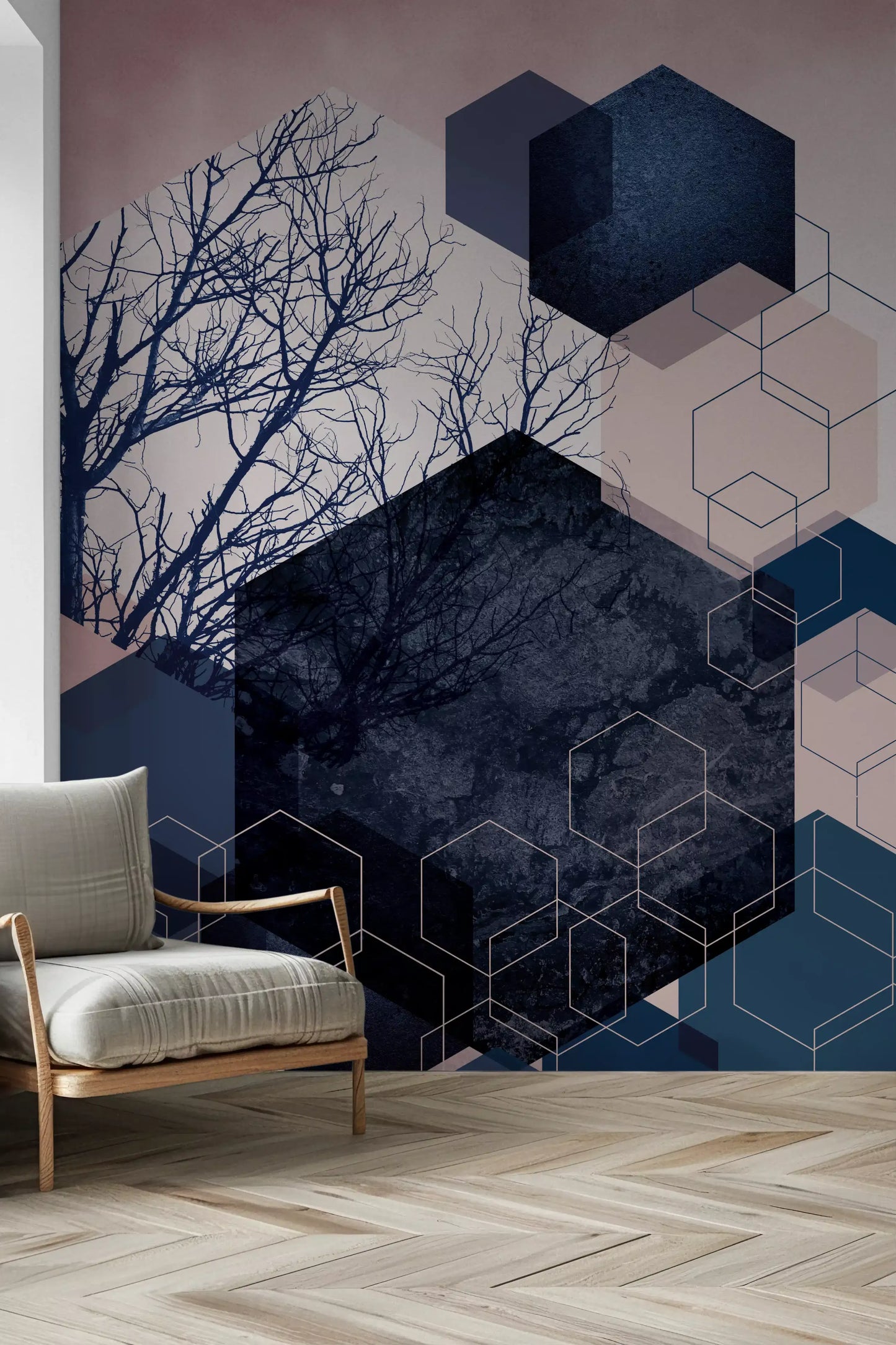 Living room set against the Geometric Grove wall mural backdrop