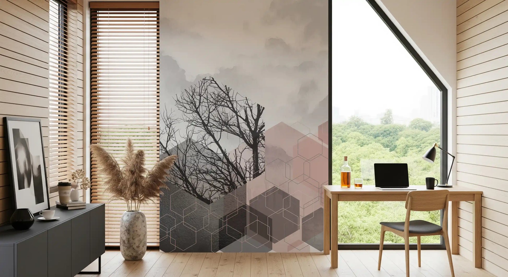 Pink hexagons and tree silhouettes settle behind a Home office in this Serenity wall mural