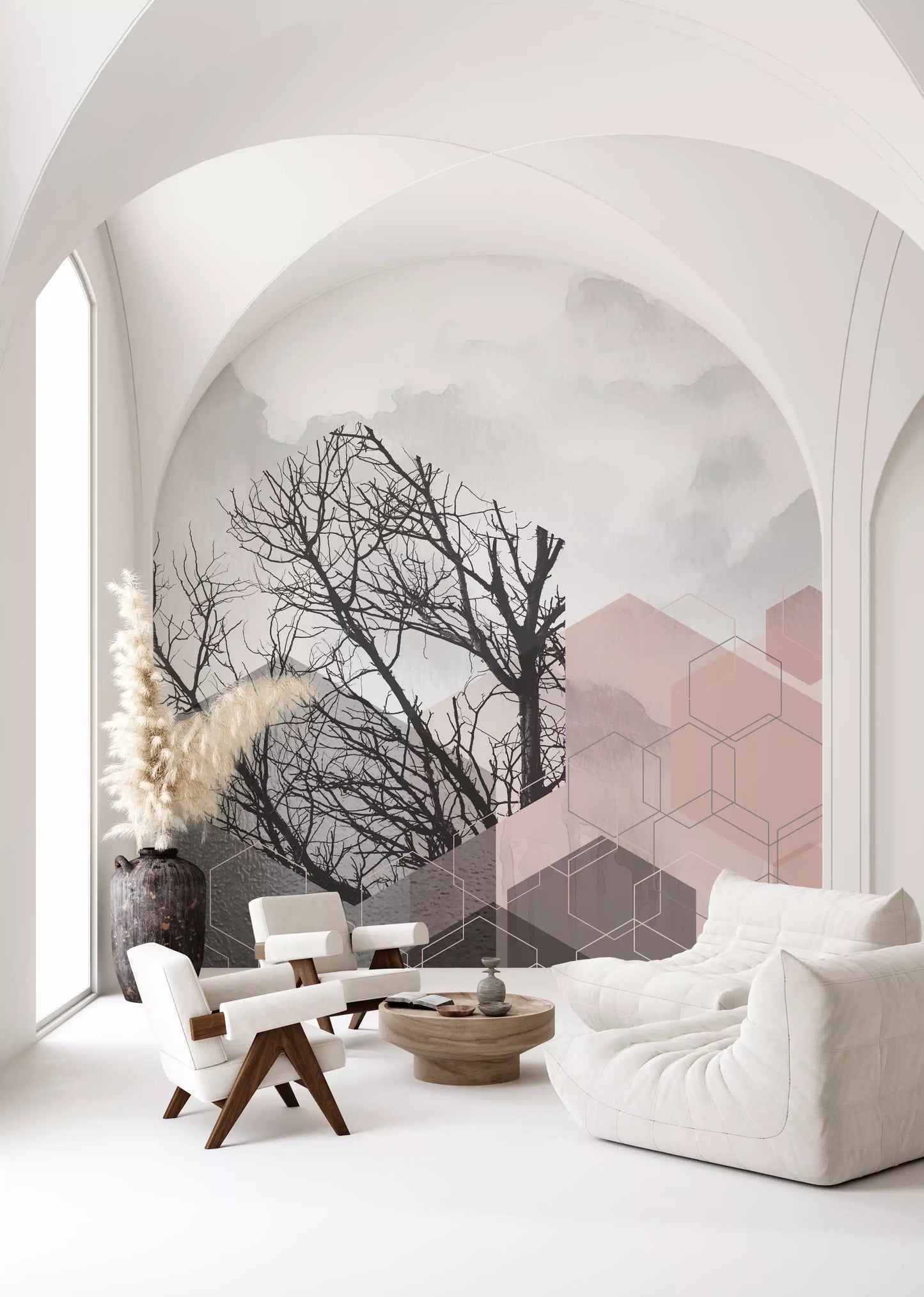 Blush and ash hexagons overlap a bare tree on the Serenity wall mural.