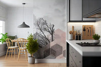 Hexagon stacks and tree branches give a Kitchen and dining its quiet wall mural backdrop