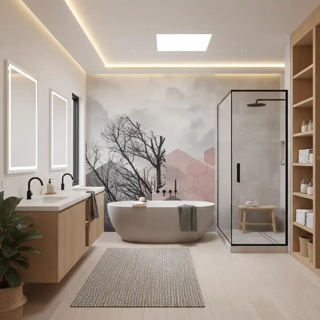 Geometric Serenity wall mural with blush hexagons stacked along a leafless tree line.