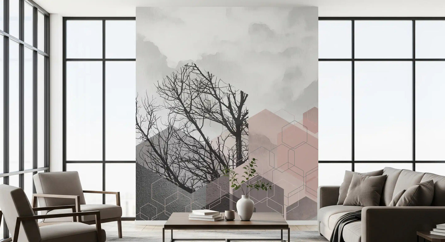 Hexagons rise under a cloudy sky in the Serenity wall mural across a hallway