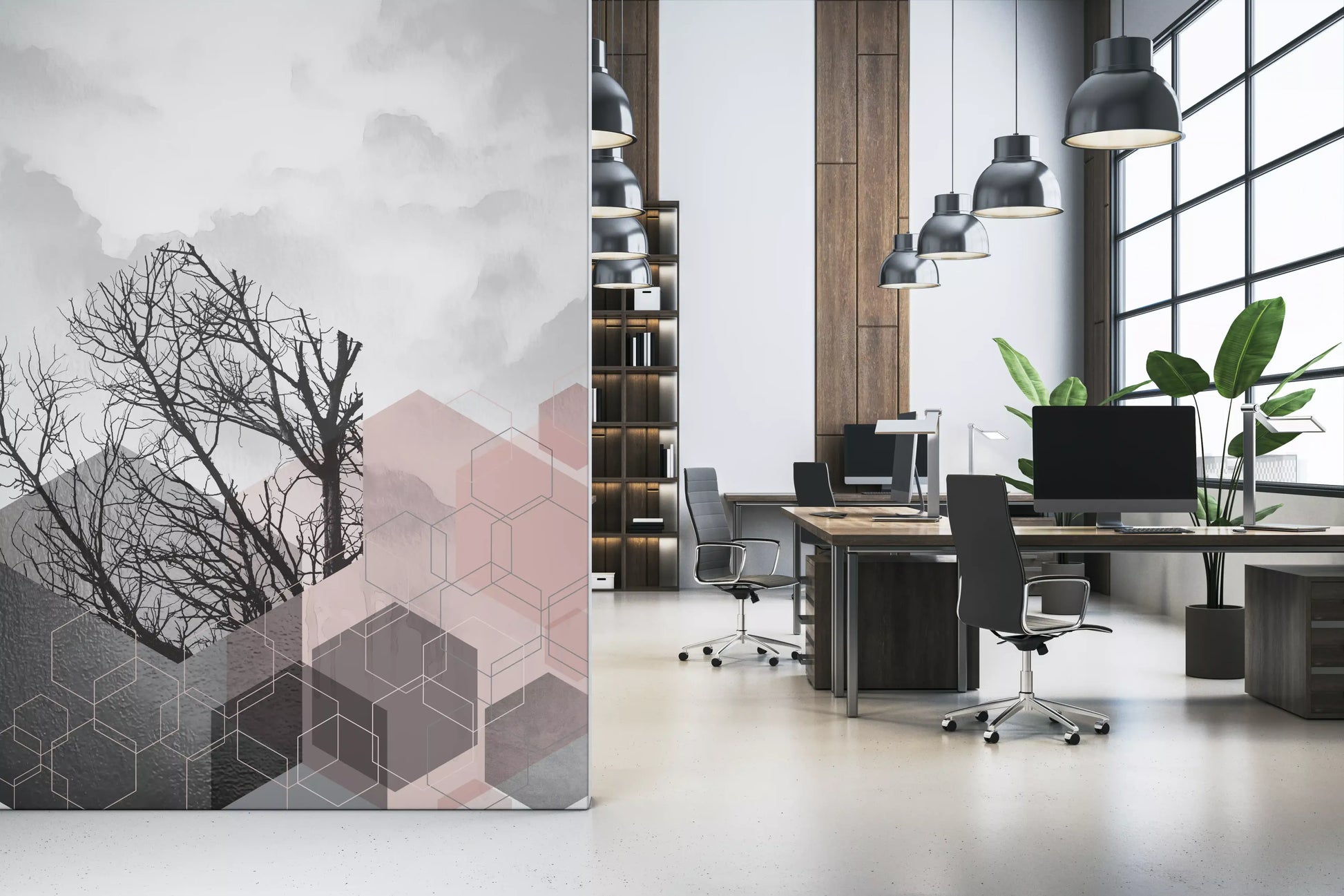 Geometric Serenity wall mural sets a Office with blush and grey layers.