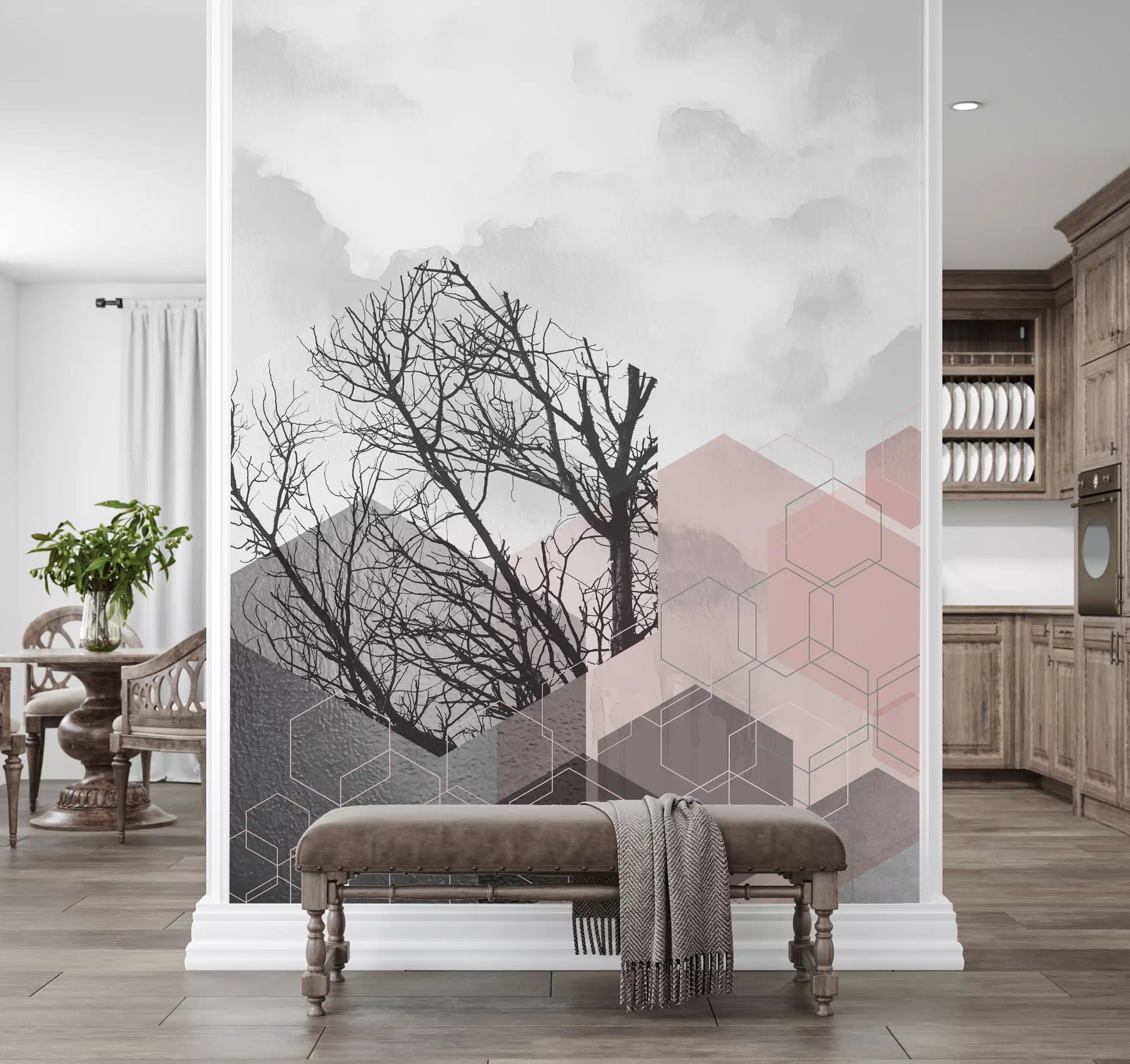 Pale clouds frame bare branches in this geometric hexagon wall mural