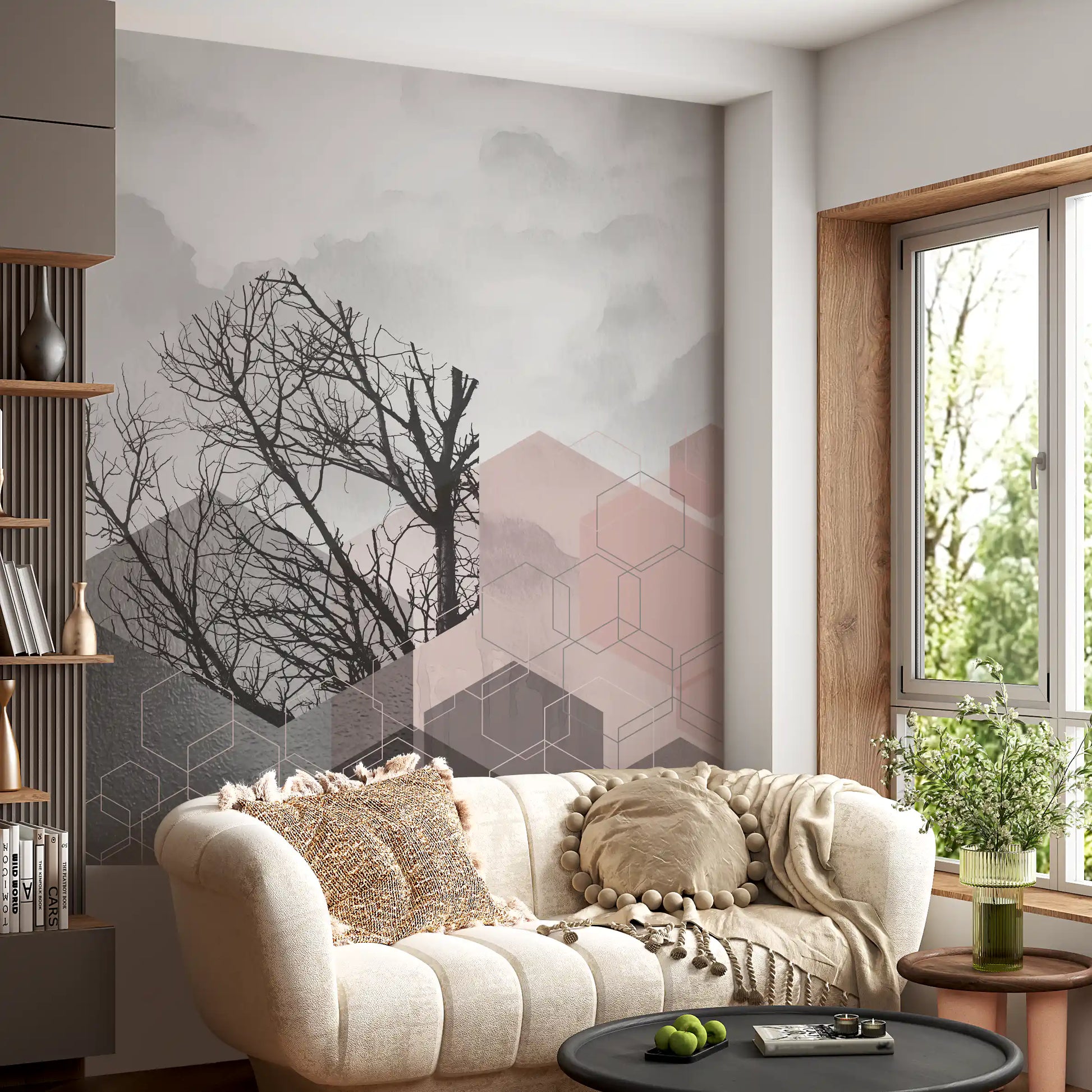 Living room set with the Geometric Serenity wall mural in blush and grey hexagons.