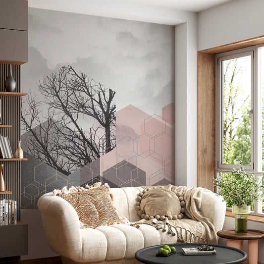Living room set with the Geometric Serenity wall mural in blush and grey hexagons.