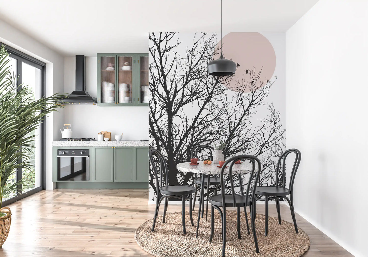 Pale pink moon glows behind leafless limbs in a Conversation at Dawn wall mural