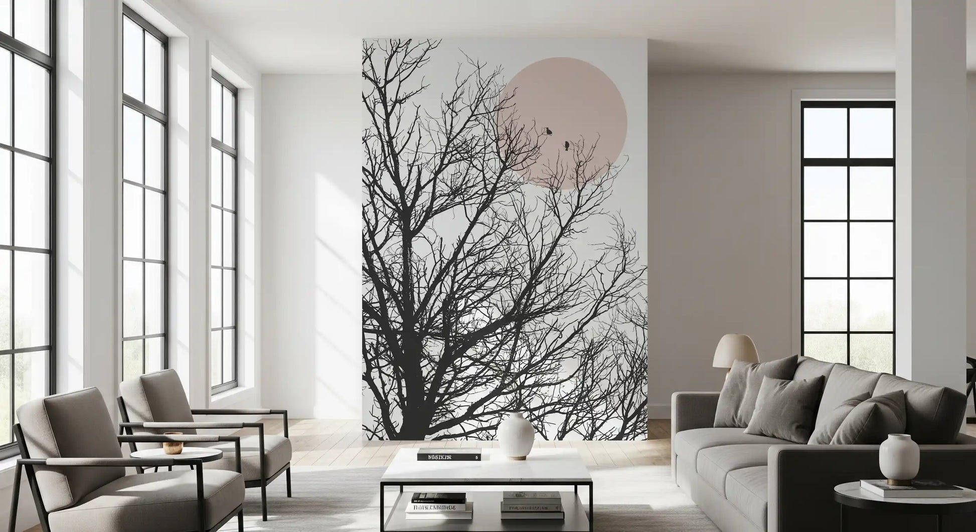 Off-white sky balances inky branchwork on the Conversation at Dawn wall mural