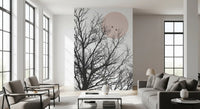 Off-white sky balances inky branchwork on the Conversation at Dawn wall mural