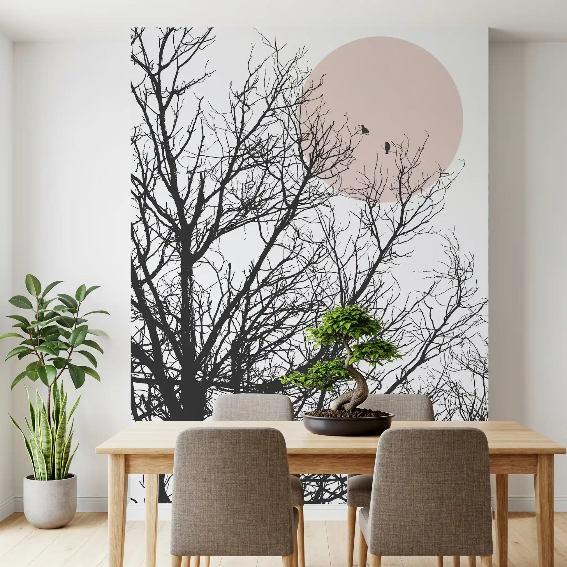 Dining room vanity area paired with a slim Conversation at Dawn wall mural 