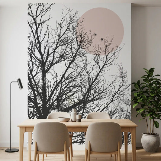 Dining room feature wall styled with the Conversation at Dawn wall mural 