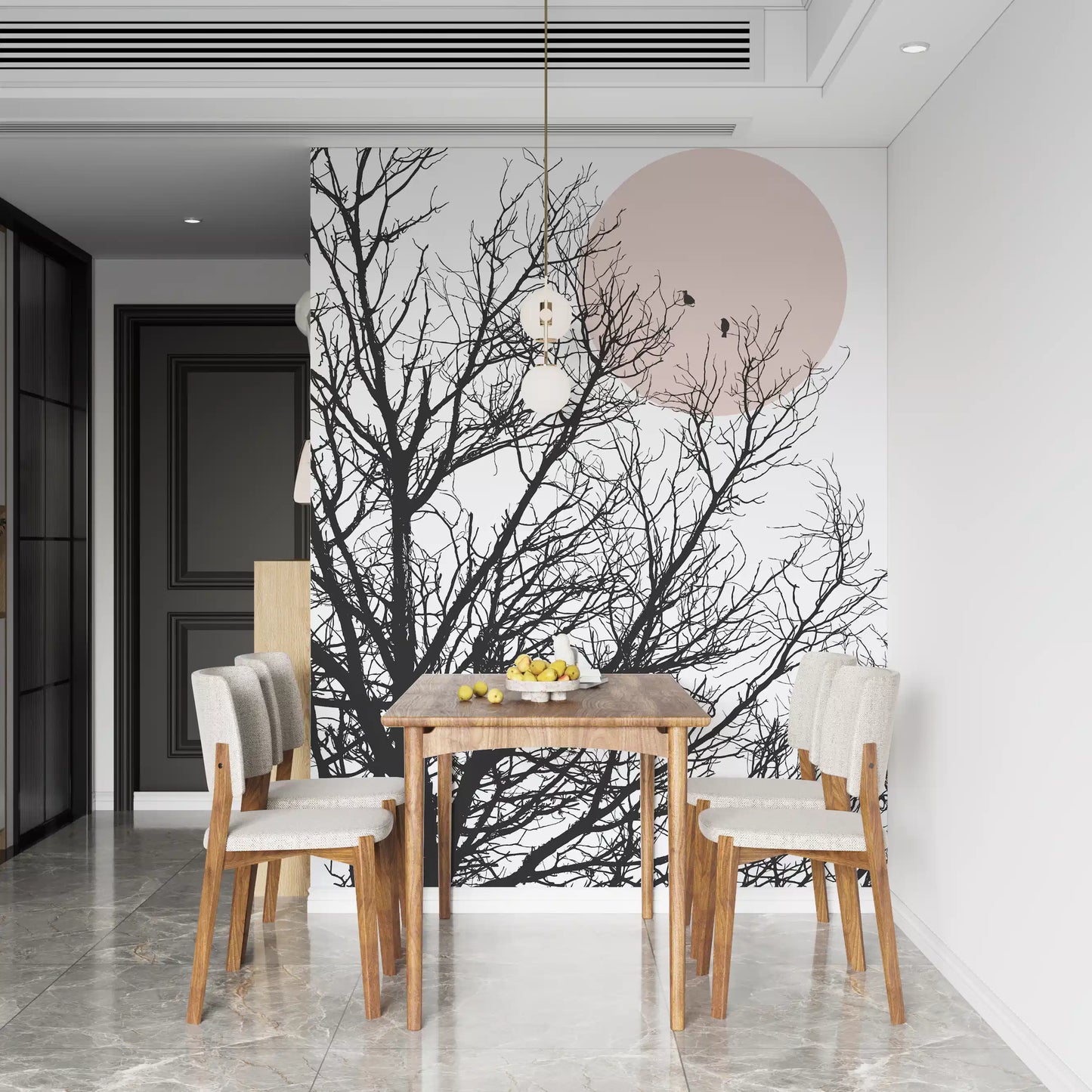 Dining room detailed with branch silhouettes on a pale pink moon wall mural