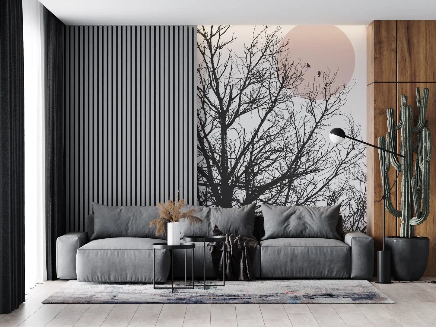 Two perched birds rest inside the rose-toned moon of this wall mural