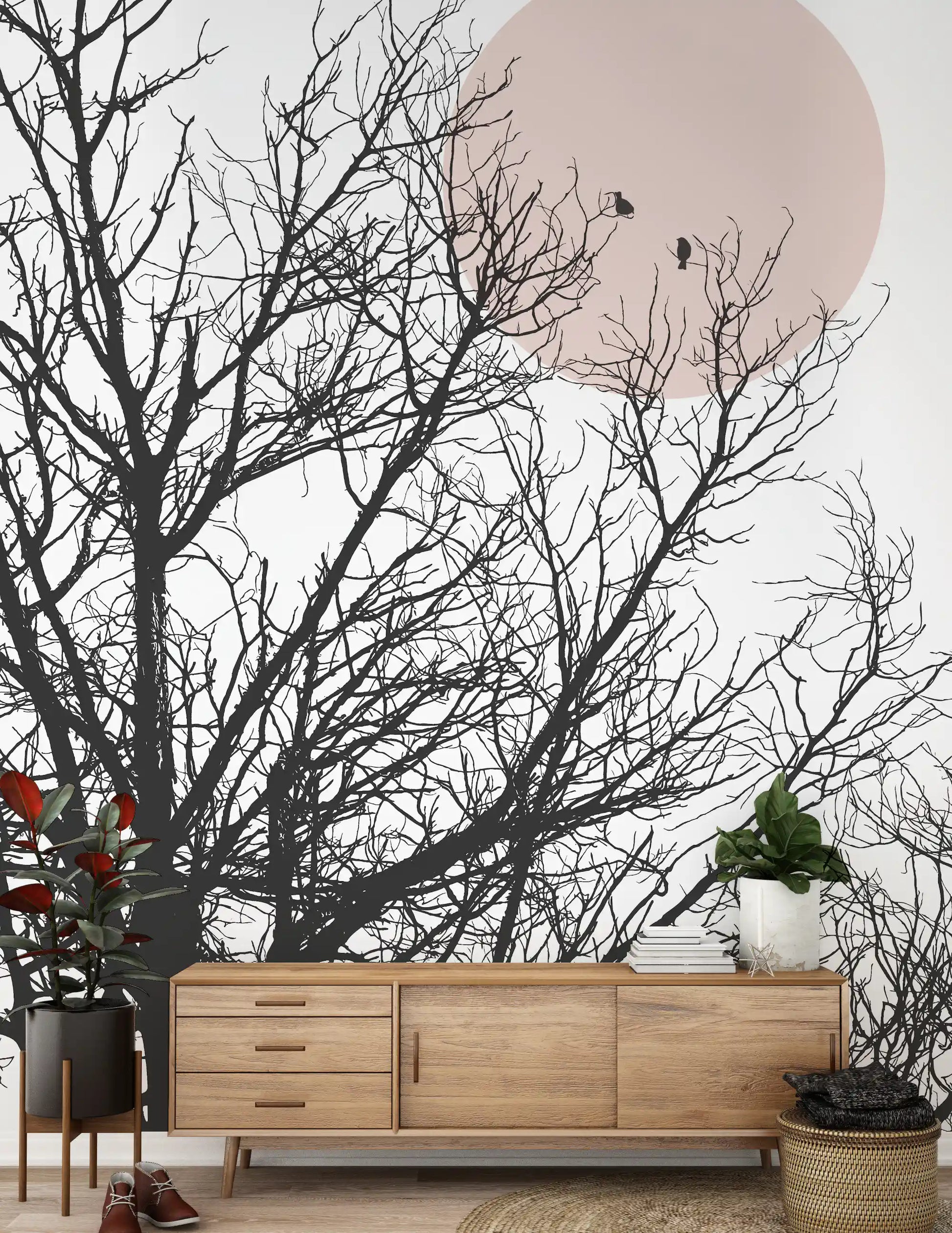 Hallwaycorner backed by the Conversation at Dawn wall mural in muted black and rose
