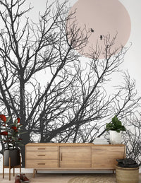 Hallwaycorner backed by the Conversation at Dawn wall mural in muted black and rose