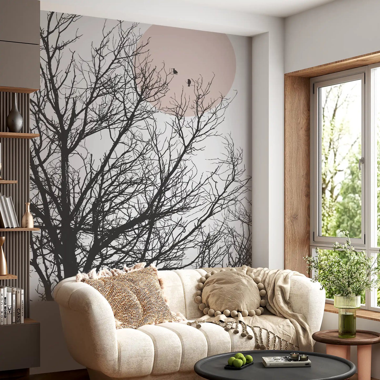 Living room finished with the Conversation at Dawn wall mural 
