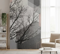 Outlined hexagon clusters break the branches into a graphic wall mural rhythm
