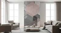 Geometric Serenity wall mural reading in dusty blush, ash grey, chalk white