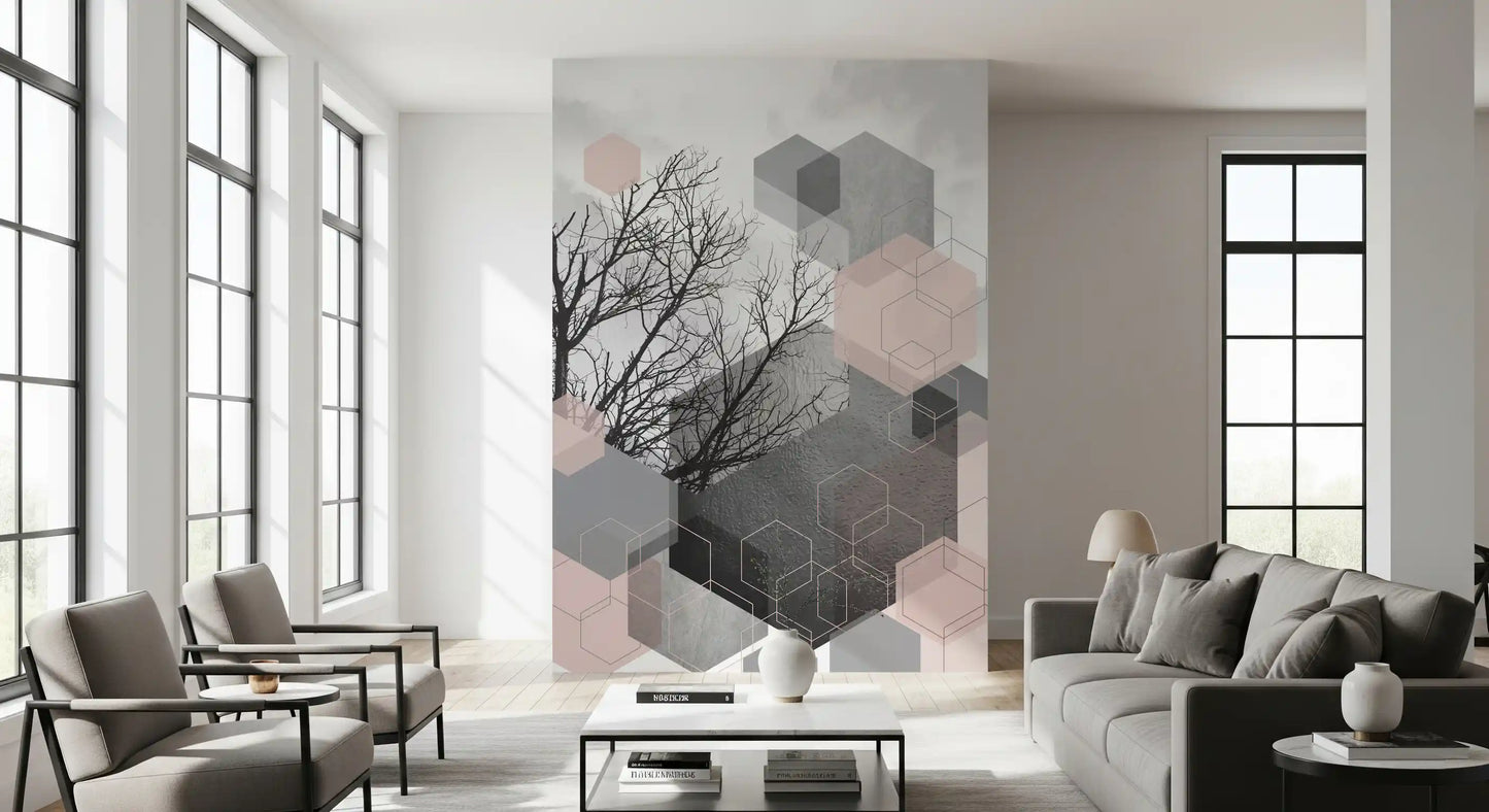 Living room anchored by the blush and grey branches wall mural feature