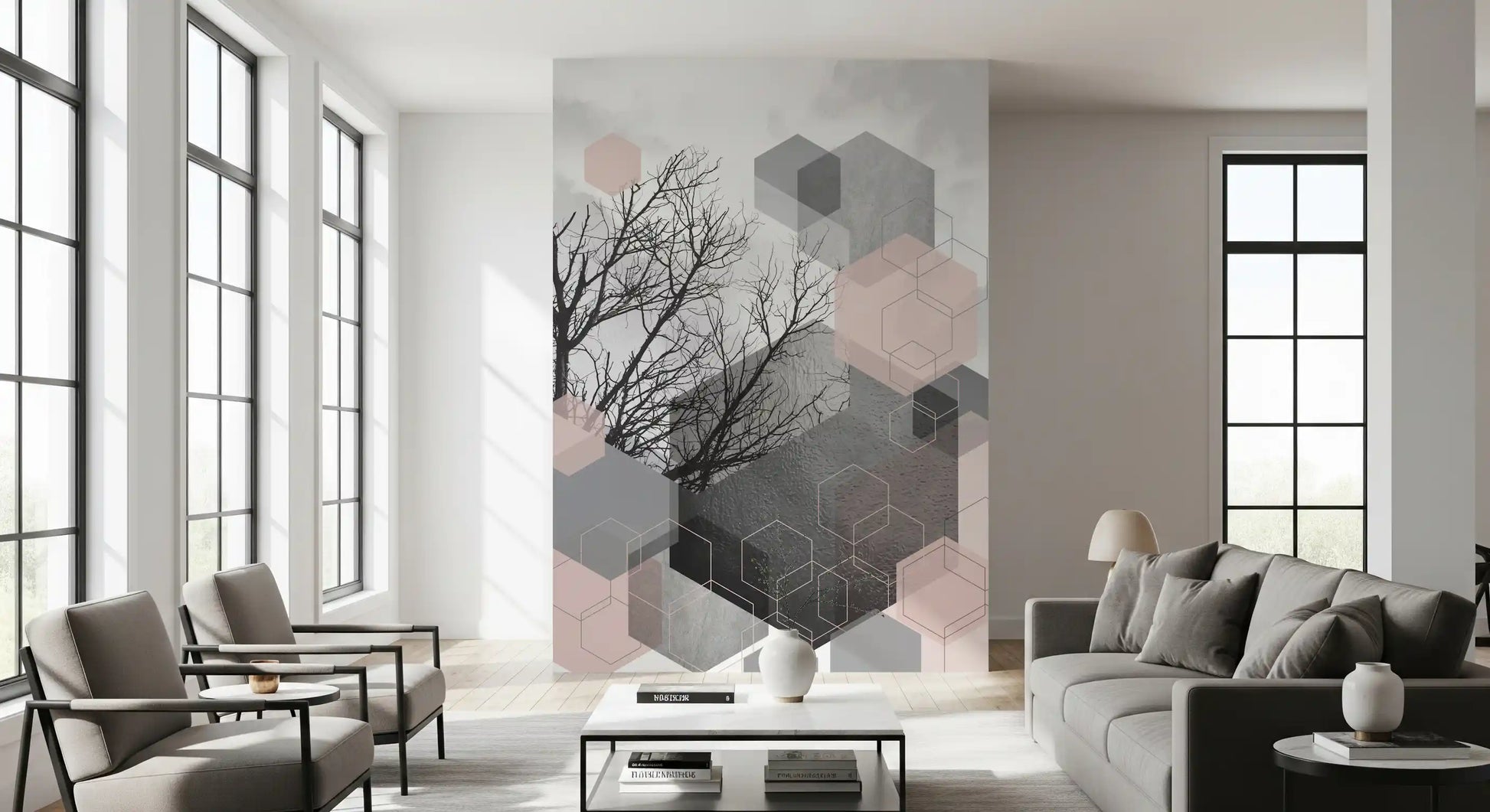 Living room anchored by the blush and grey branches wall mural feature