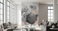 Living room anchored by the blush and grey branches wall mural feature