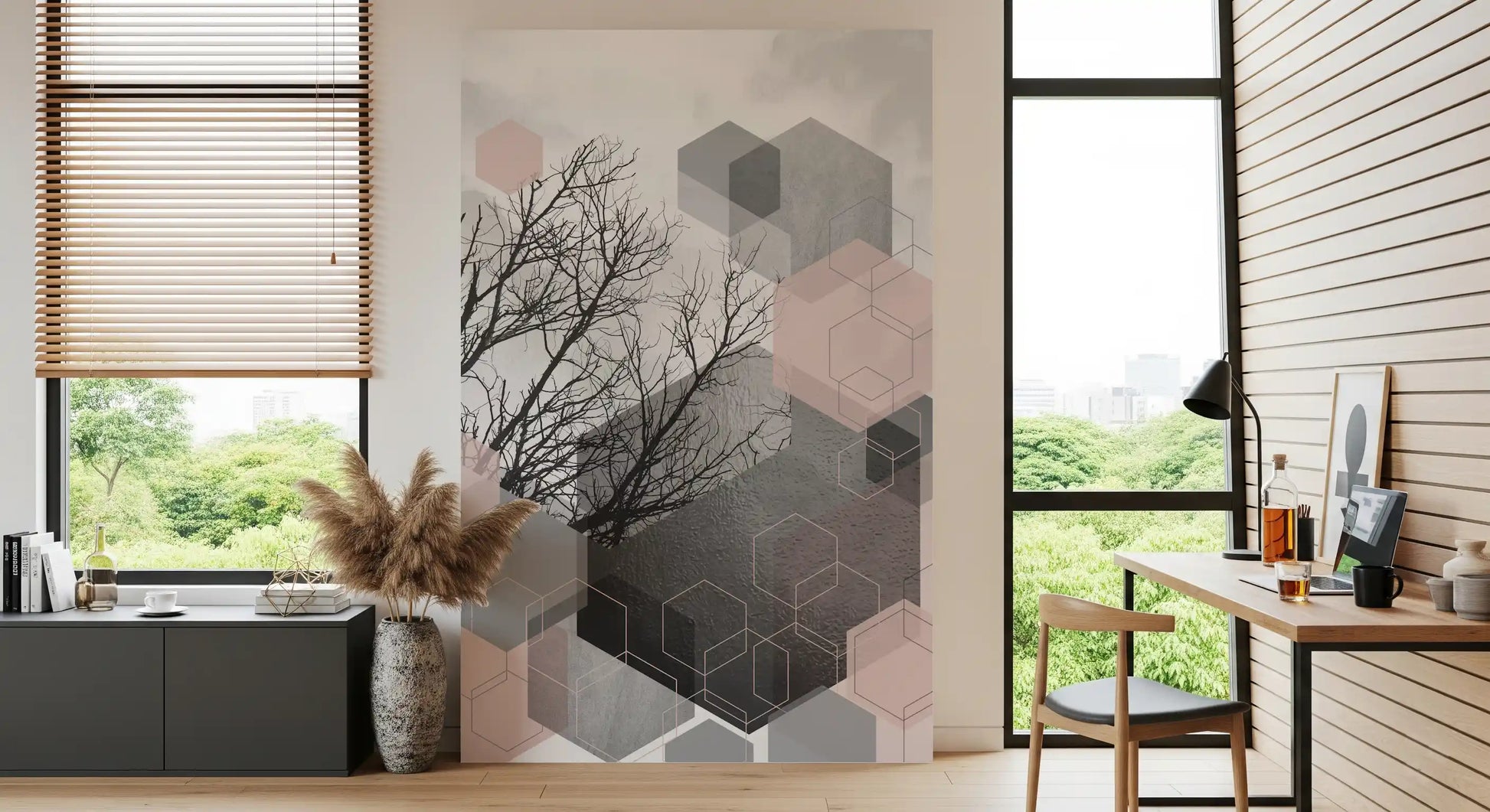 Home office backdrop shaped by the Geometric Serenity branches wall mural
