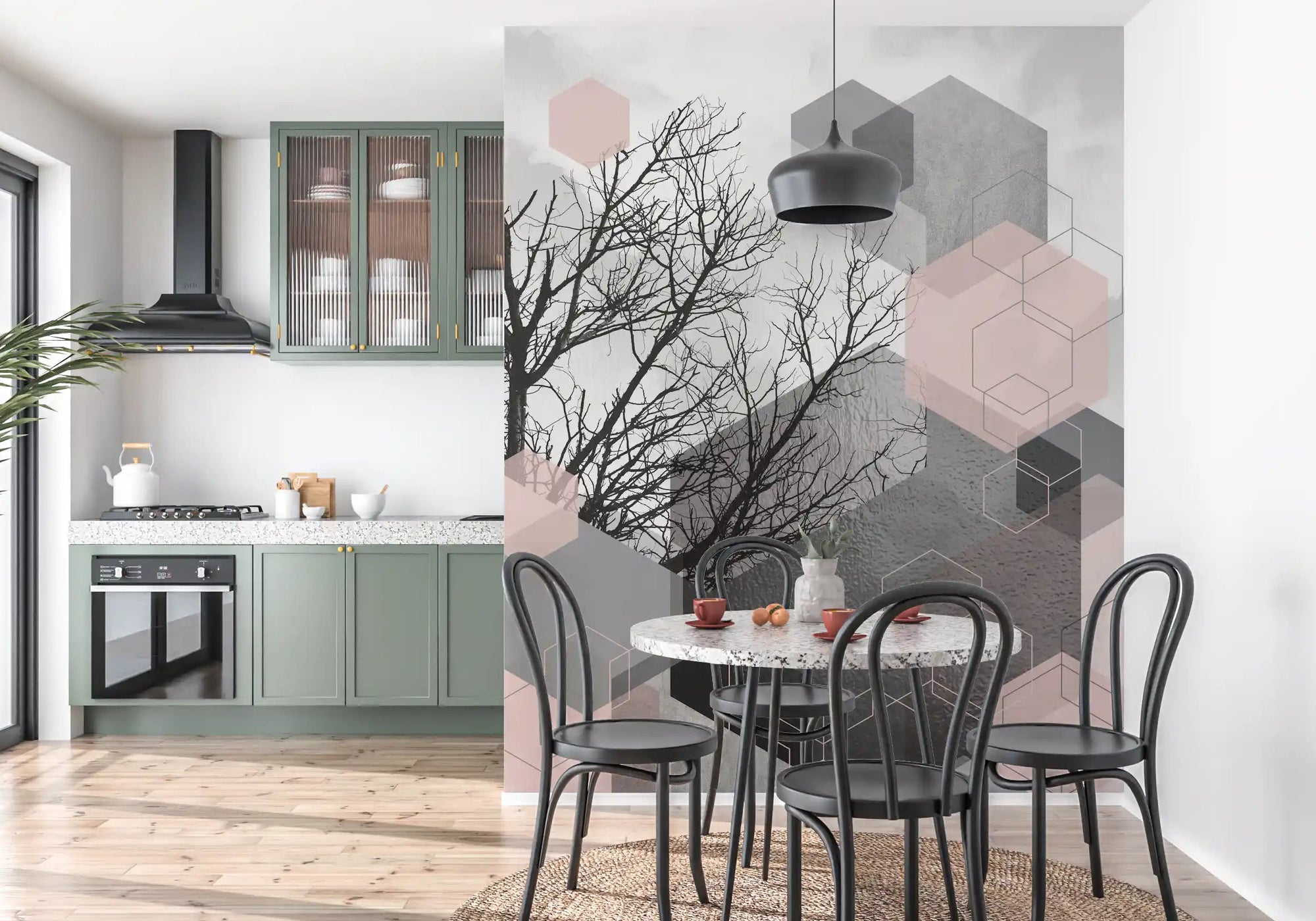 kitchen-Dining area styled around the Geometric Serenity wall mural with blush hexagons