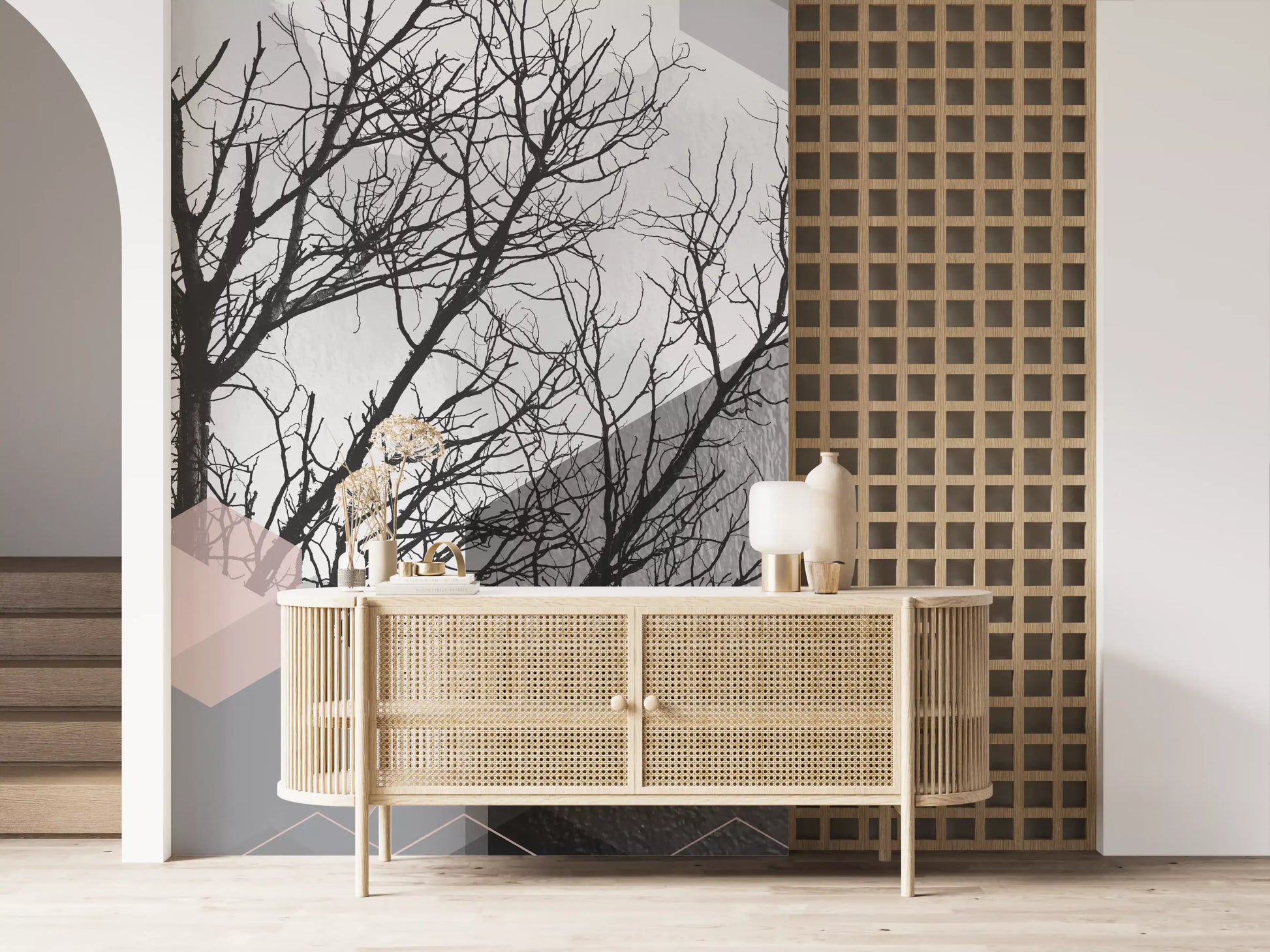 Geometric Serenity wall mural layering blush hexagons across bare winter branches