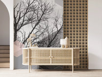 Geometric Serenity wall mural layering blush hexagons across bare winter branches