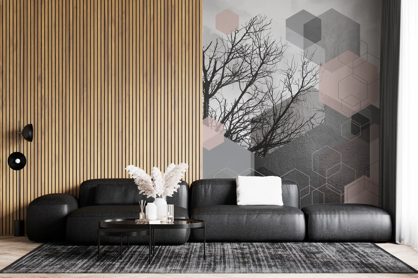 Hallway console framed by a quiet hexagon and branch wall mural