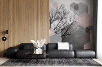 Hallway console framed by a quiet hexagon and branch wall mural