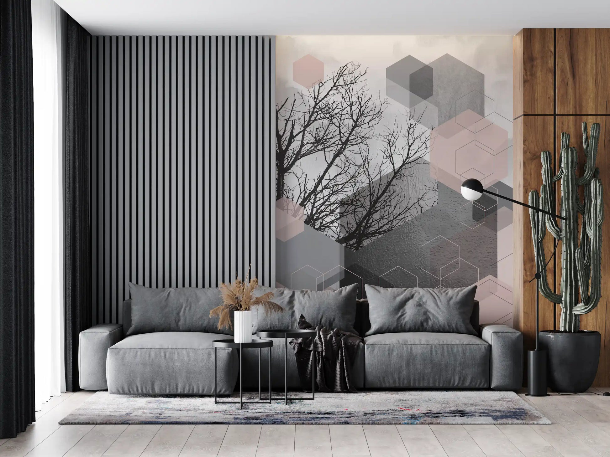Soft pink hexagons spread behind the sofa as a living room wall mural