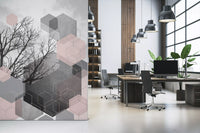Office corner picks up the Geometric Serenity hexagon wall mural easily