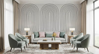 Living room styled around the Subtle Arch Rhythm wall mural in ivory tones