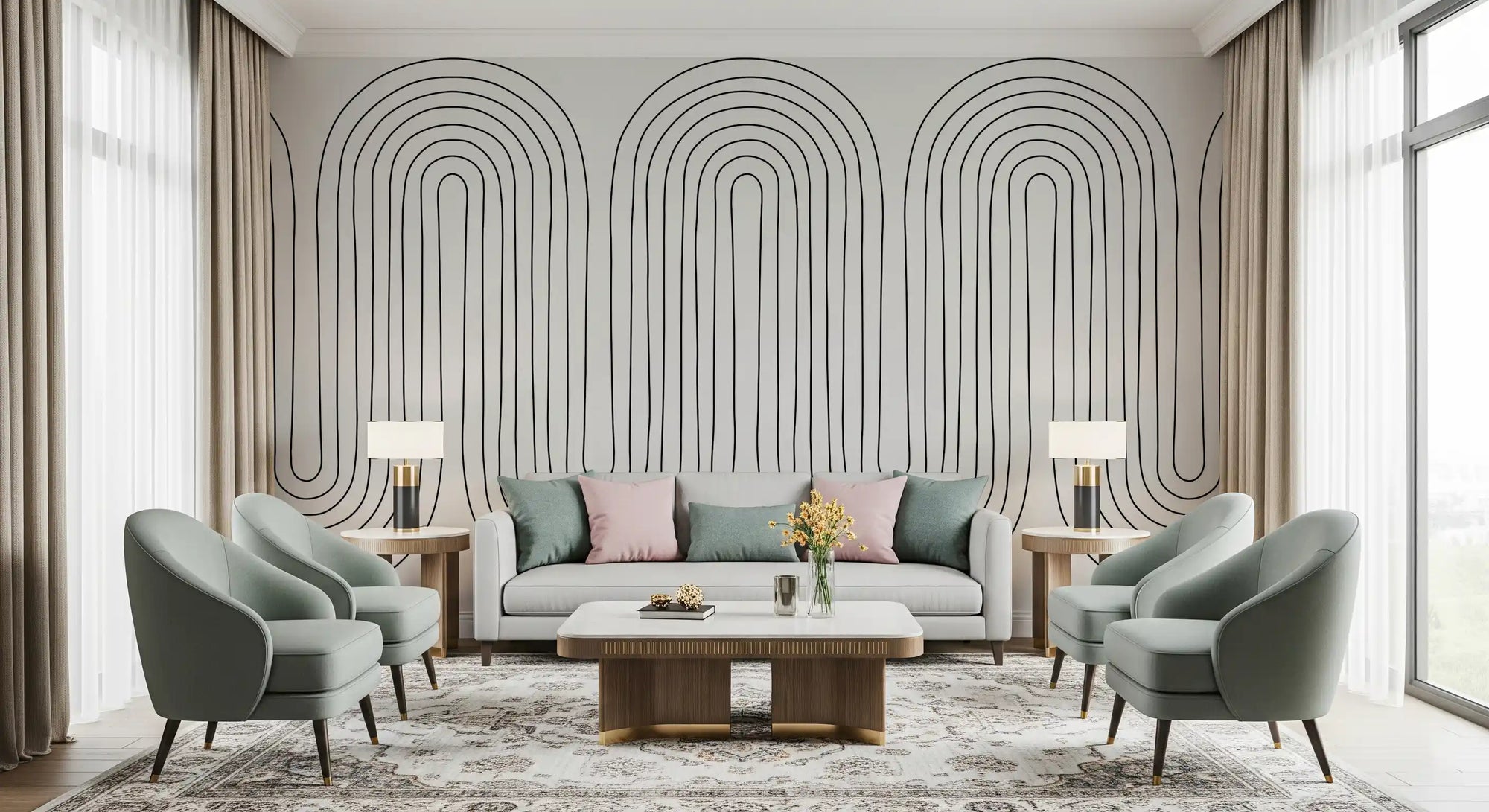 Living room styled around the Subtle Arch Rhythm wall mural in ivory tones