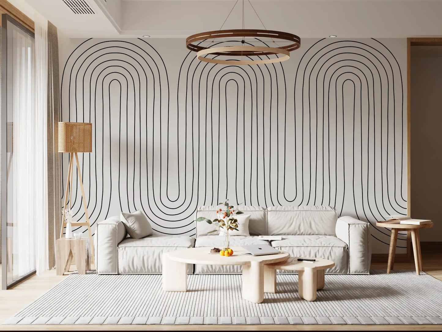 Close detail of thin curved lines in the arch-pattern wall mural