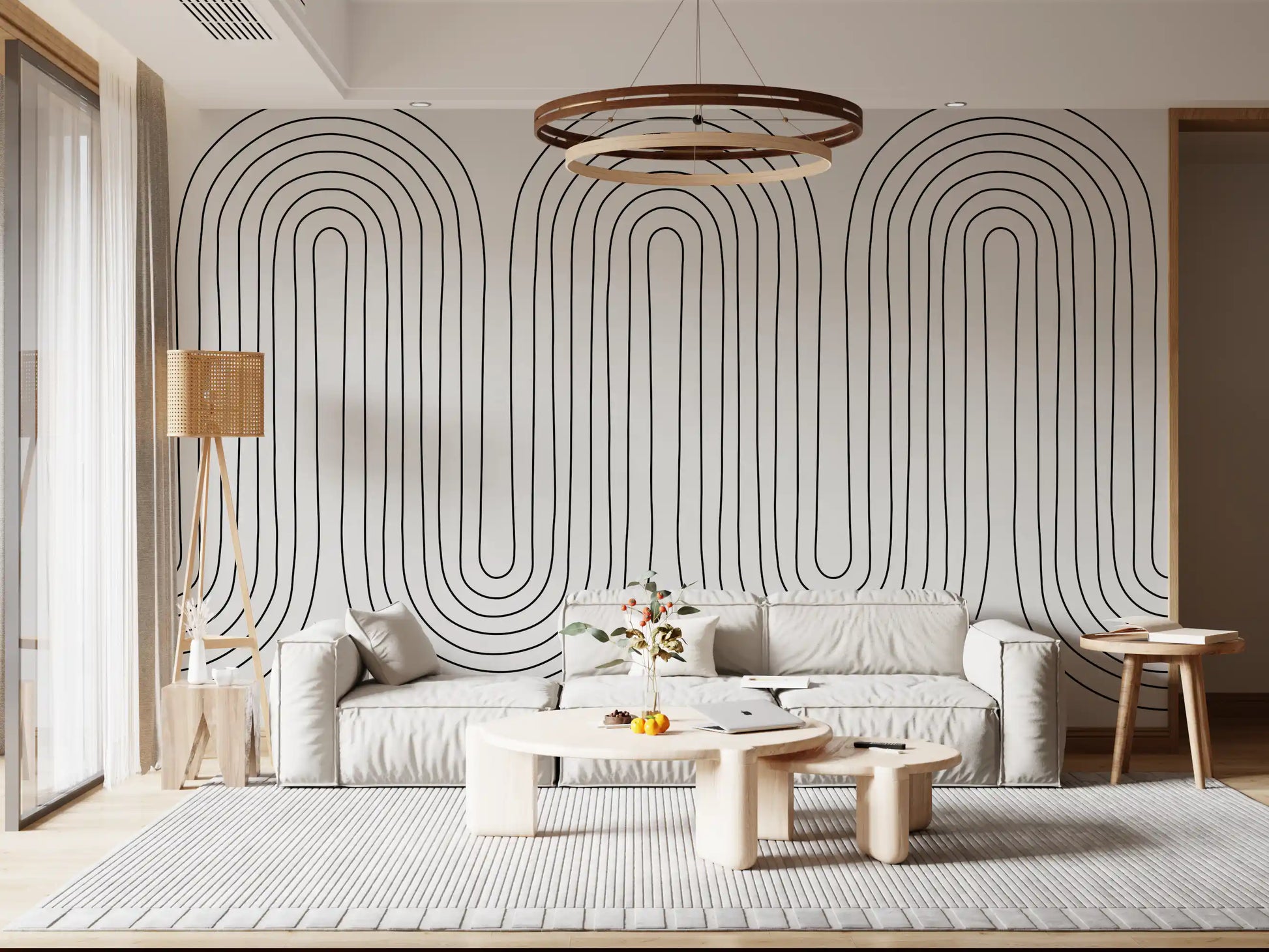 Close detail of thin curved lines in the arch-pattern wall mural
