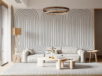 Close detail of thin curved lines in the arch-pattern wall mural