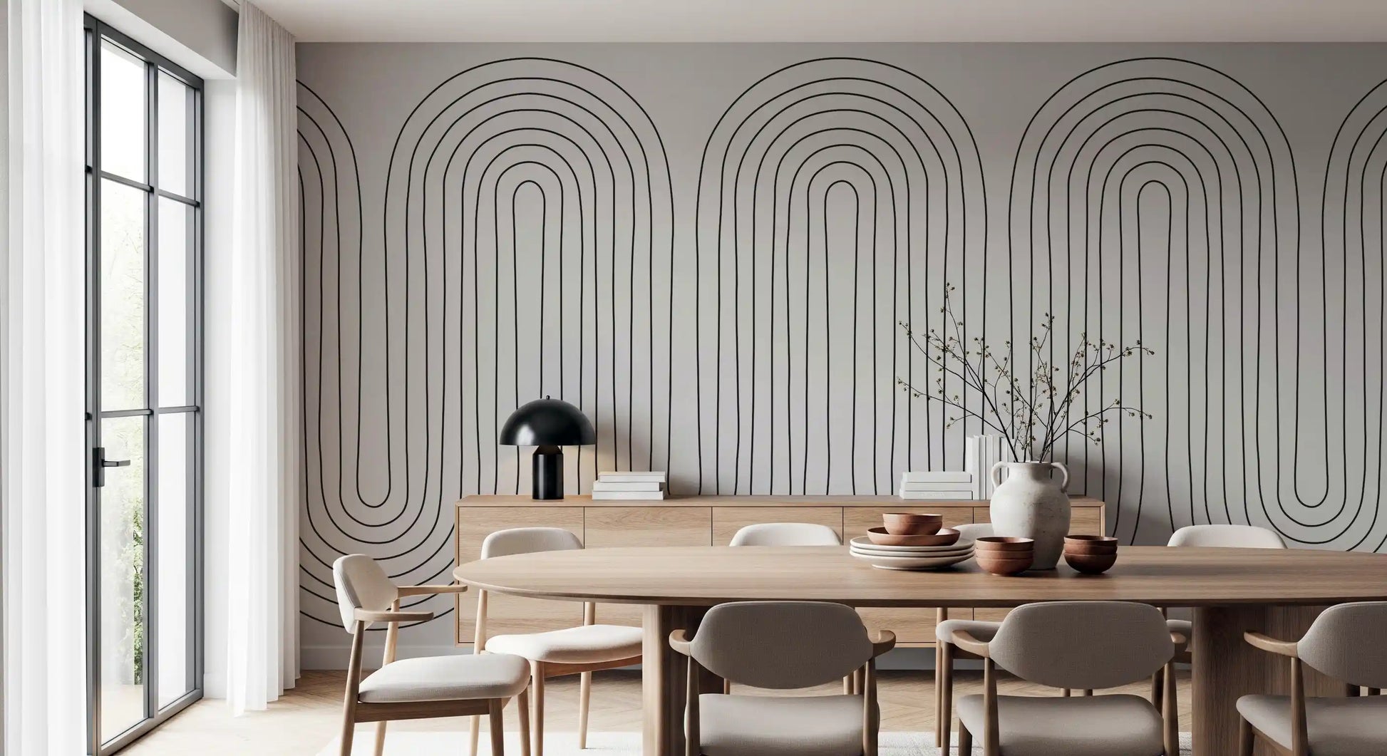 Ivory ground holds fine grey loops in the Subtle Arch Rhythm wall mural