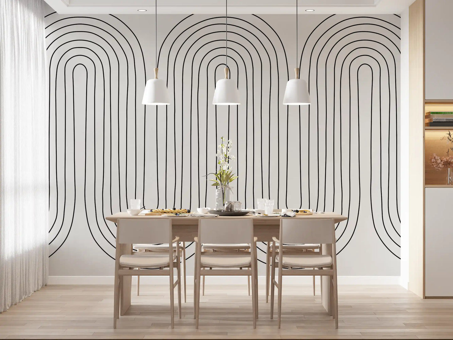Dining room shaped by a slim linear loop wall mural in ivory