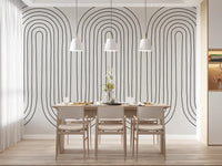 Dining room shaped by a slim linear loop wall mural in ivory
