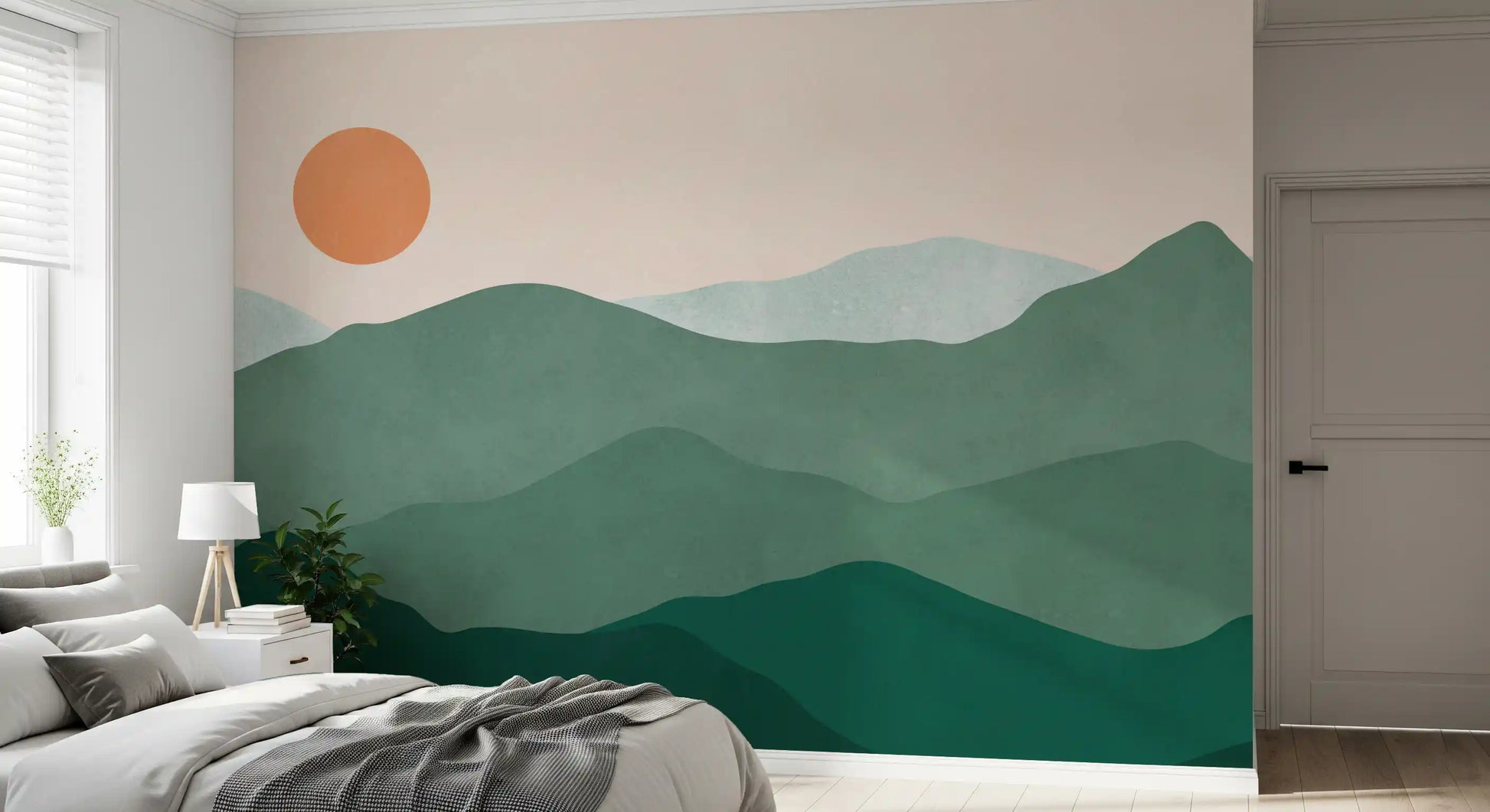 Calm bedroom feature with the layered Green Peak Sunset wall mural