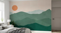 Calm bedroom feature with the layered Green Peak Sunset wall mural