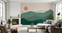 Living room headboard backdrop set by the Green Peak Sunset wall mural