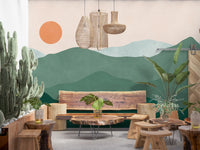 Dining area finished with the Green Peak Sunset mountain wall mural