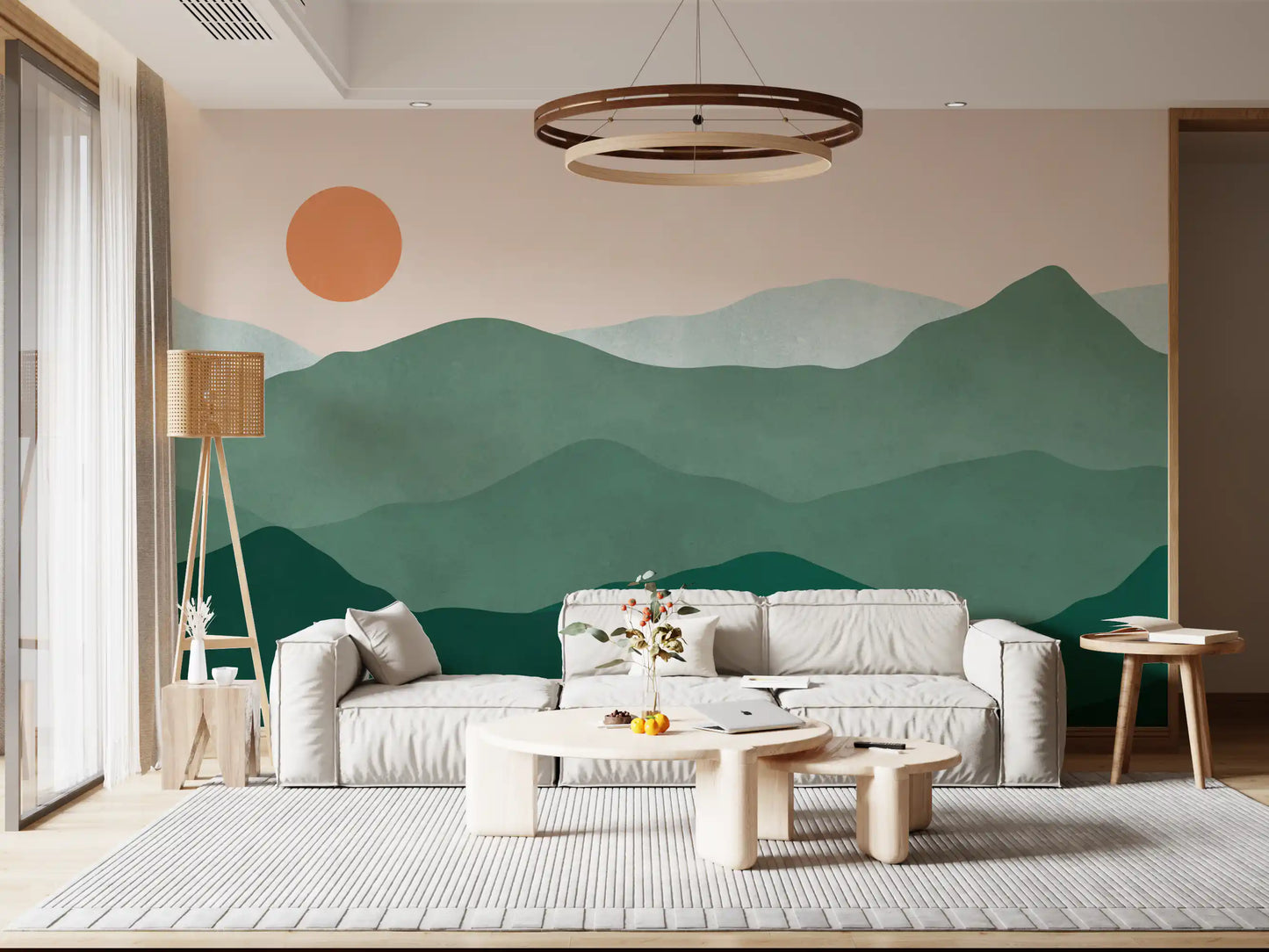 Forest, moss, and sage tones step forward across the Green Peak Sunset wall mural