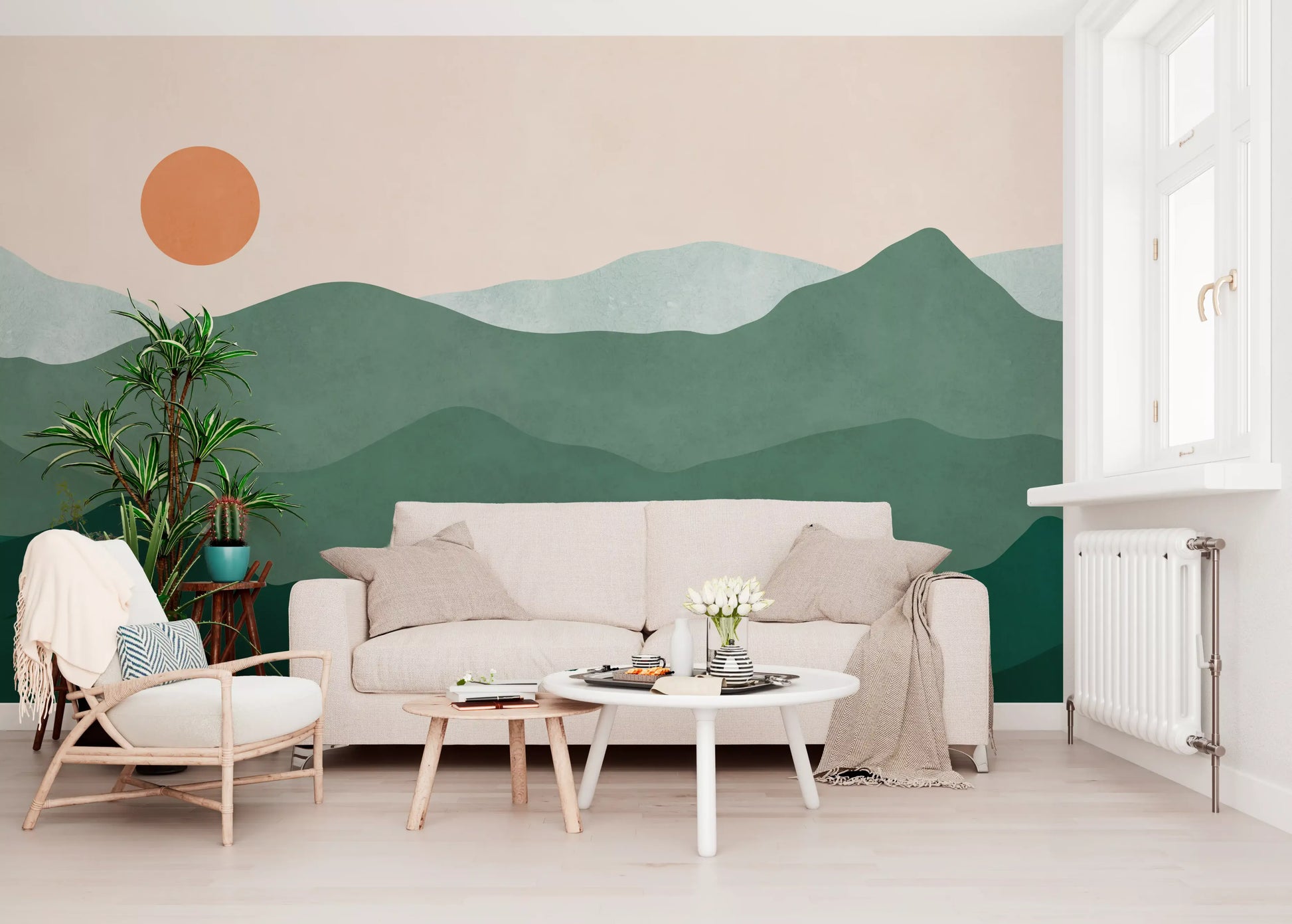 Layered green mountain silhouettes across the Green Peak Sunset wall mural